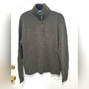 Polo Ralph Lauren Sweater Men's L Green 1/4 Zip Elbow Patch Cotton Acrylic Hemp